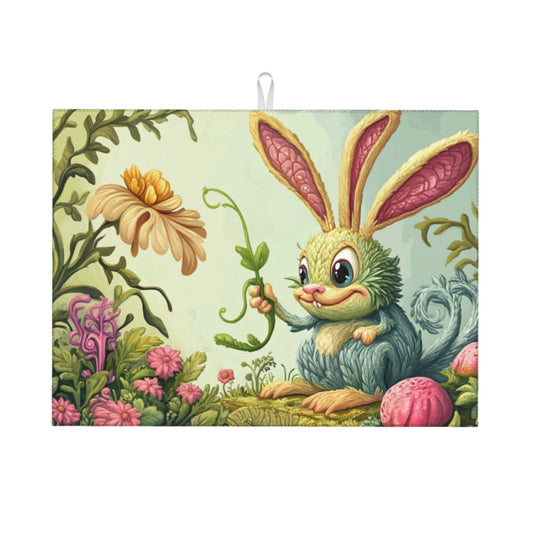 Cute Cartoon Bunny Kitchen Drying Mat, Large Absorbent Non-Slip Counter Protector