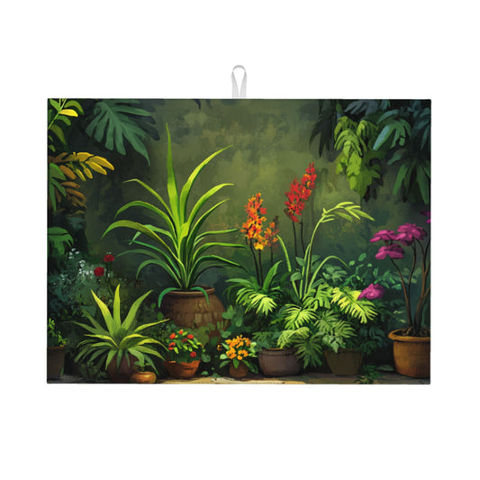 Tropical Potted Plant Kitchen Drying Mat, Large Absorbent Non-Slip Counter Protector