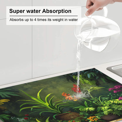 Tropical Potted Plant Kitchen Drying Mat, Large Absorbent Non-Slip Counter Protector