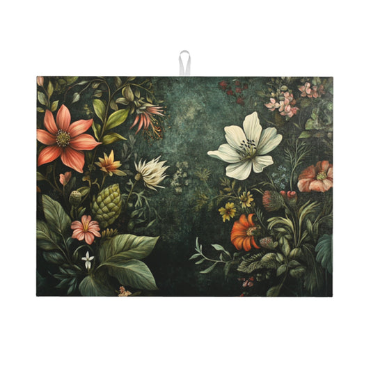Vintage Floral Illustration Kitchen Drying Mat, Large Absorbent Non-Slip Counter Protector