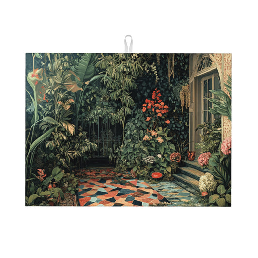 Vintage Courtyard Botanical Kitchen Drying Mat, Large Absorbent Non-Slip Counter Protector