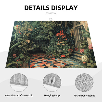 Vintage Courtyard Botanical Kitchen Drying Mat, Large Absorbent Non-Slip Counter Protector