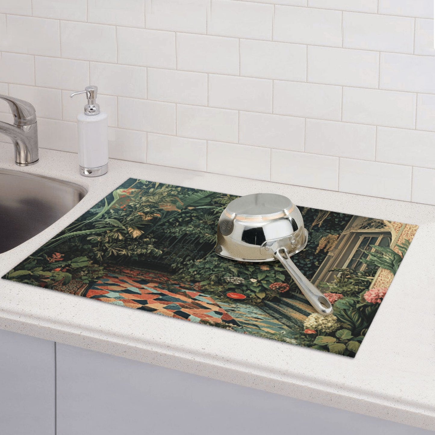 Vintage Courtyard Botanical Kitchen Drying Mat, Large Absorbent Non-Slip Counter Protector